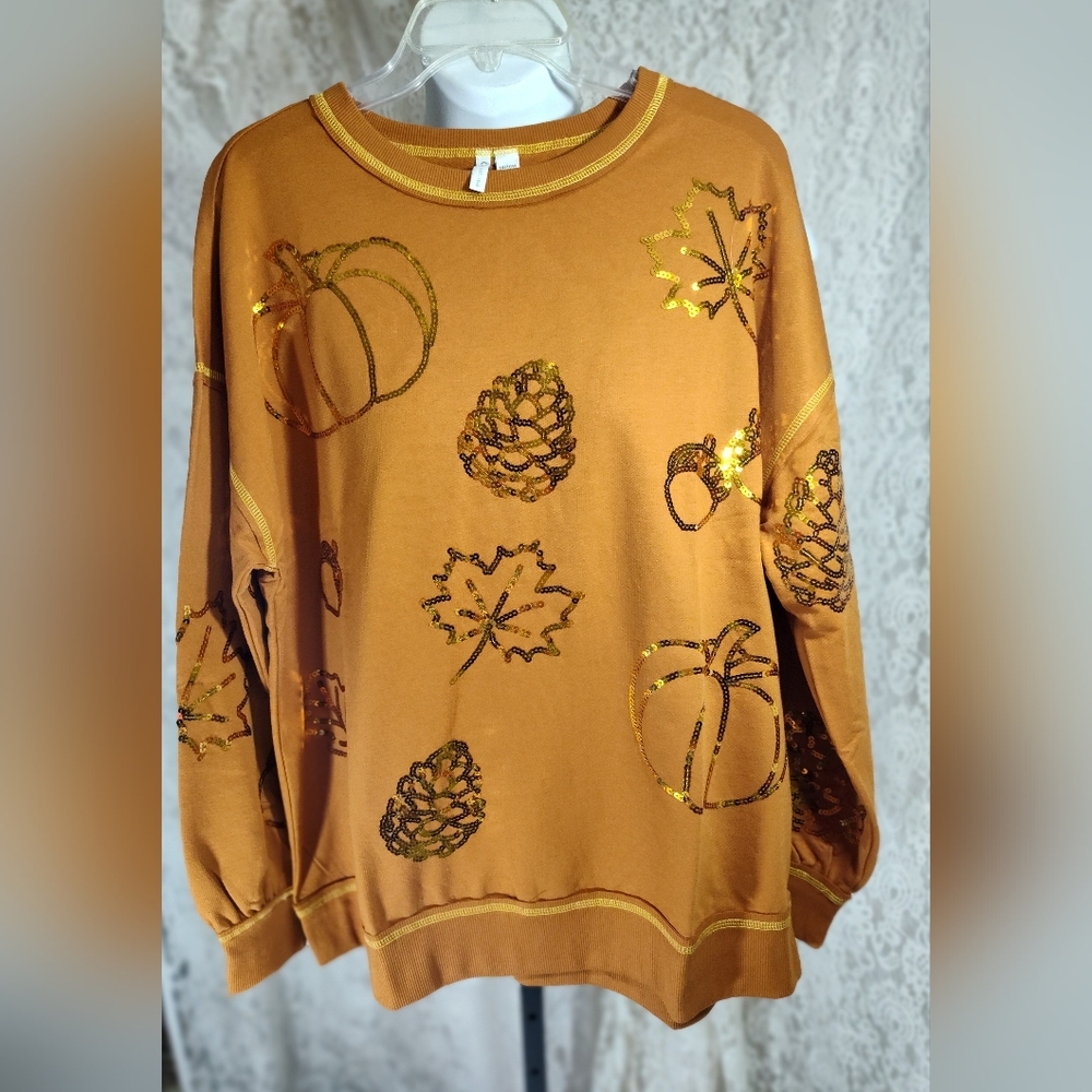 Cato Orange Pumpkin and Pinecone Seqin Embellished Sweater